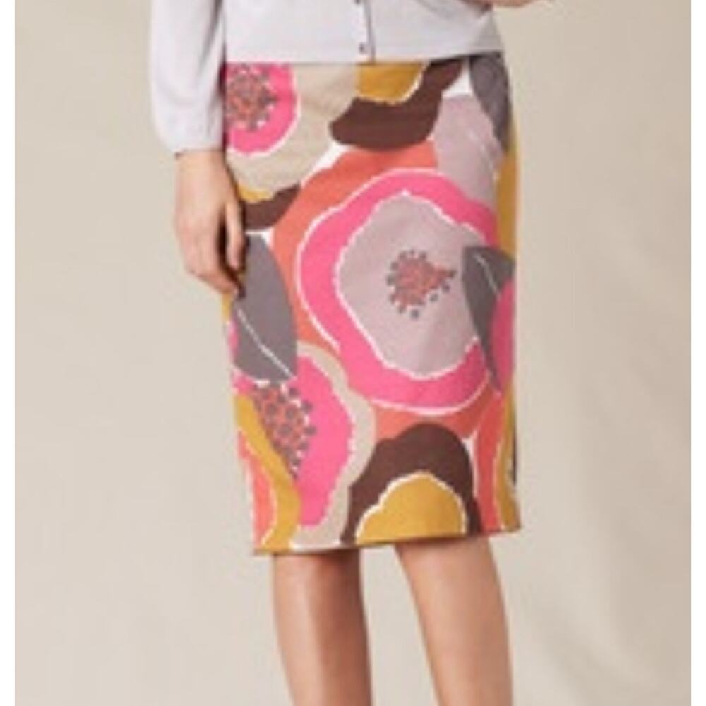 Boden Floral Pencil Skirt Women's Size 14 Pink Brown & Mustard Colorful Career